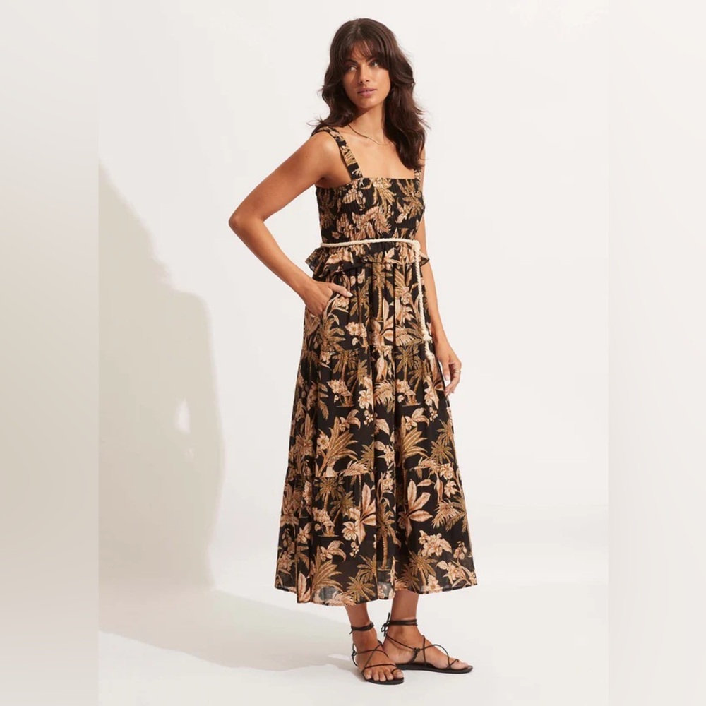 Seafolly Singapore Castaway Shirring Dress Black Tan Multi Size Large